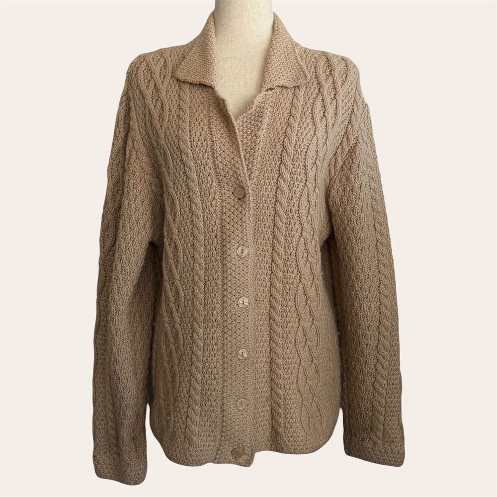 Paul James Wool Fisherman Cardigan Sweater Womens M Preppy Old Money Heritage